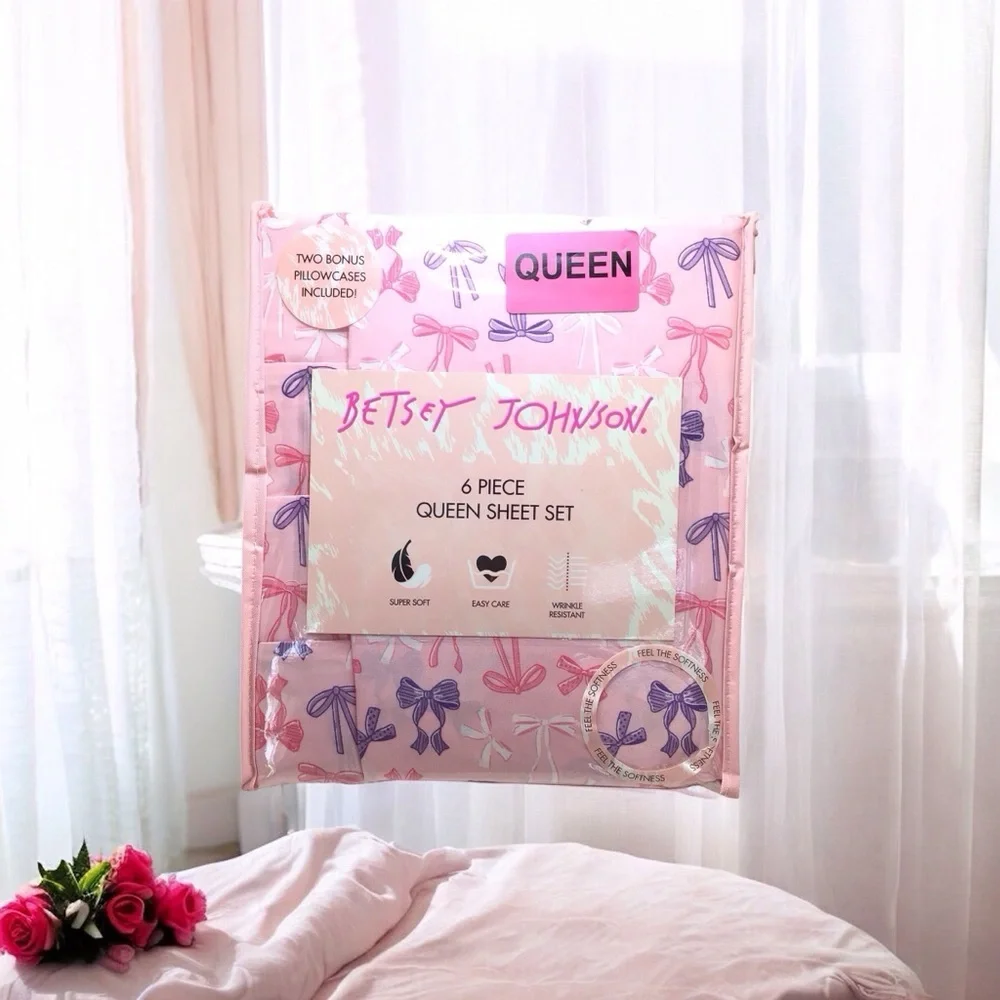 6pc Betsey Johnson Bows & Ribbons Purple Coquette Balletcore Queen Sheet Set